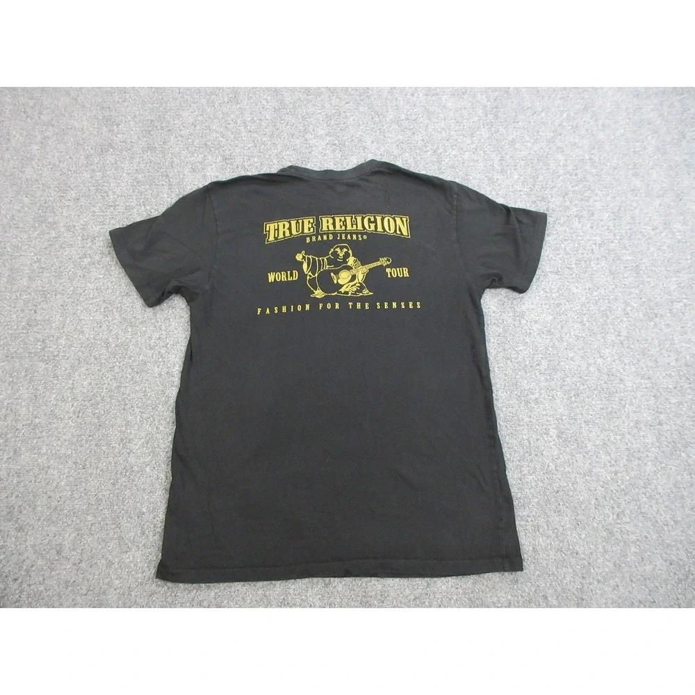 True Religion Shirt Mens Medium Black Metallic Gold Buddha Guitar Tee Tagless